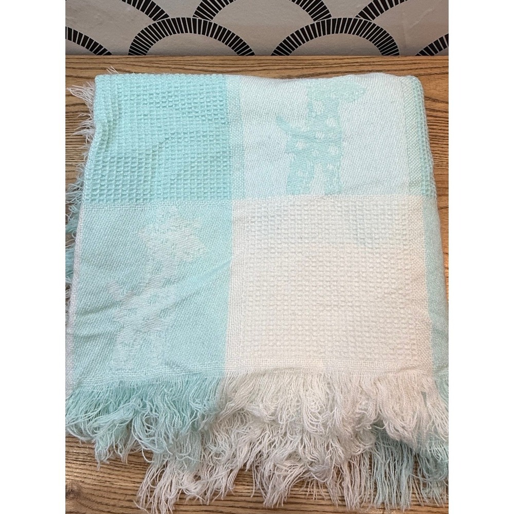VTG Baby Blanket Pastel Green White Waffle Weave Fringe Soft 53x50 Giraffe Plaid